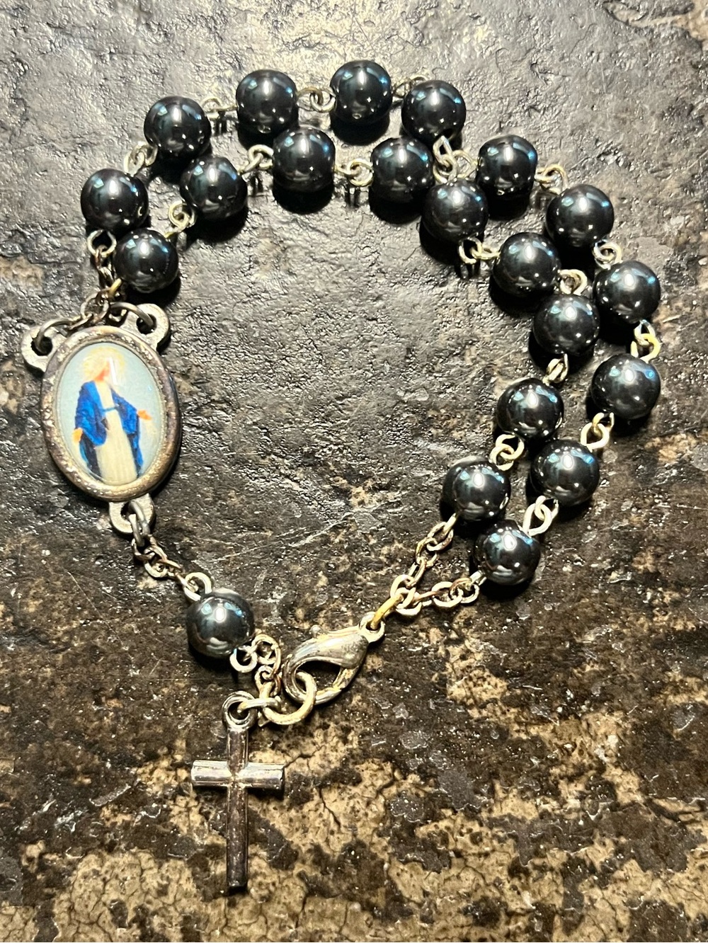 Sterling Silver Italian Black Rosary Bead Bracelet